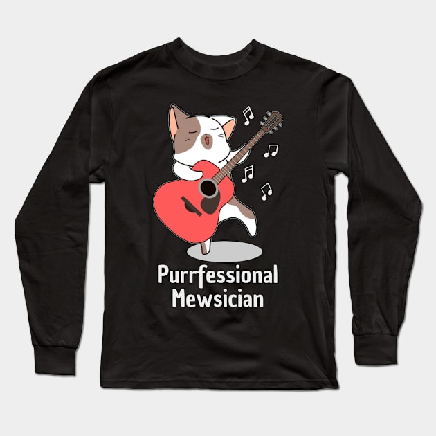 Purrfessional Mewsician Cat Puns Cute Cat Playing Guitar Long Sleeve T-Shirt by Xiaoxiao Art